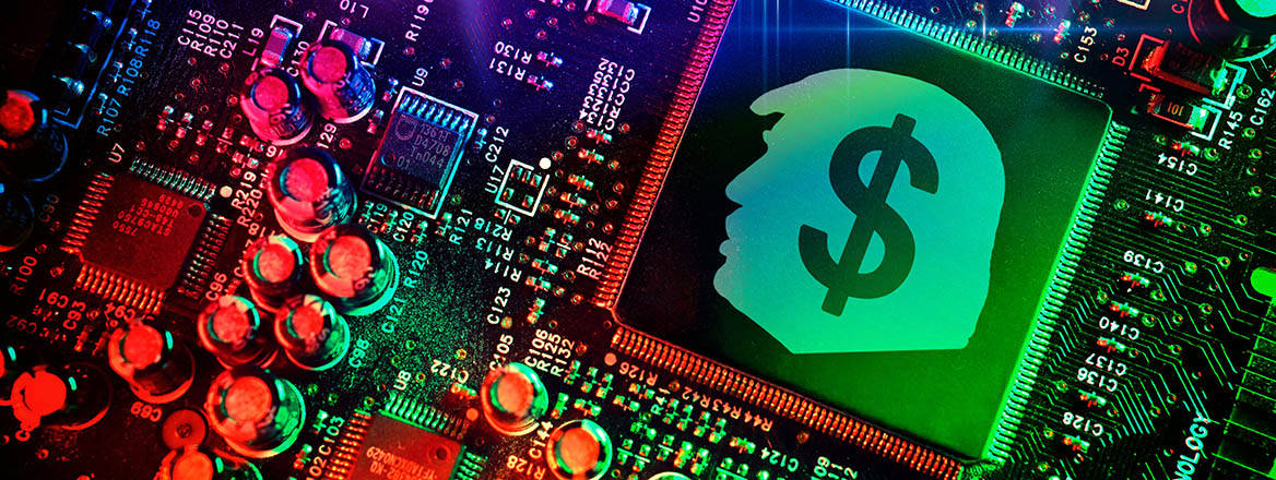 A photomontage of a circuit board with a silhouette of President Trump overlayed on a microprocessor.