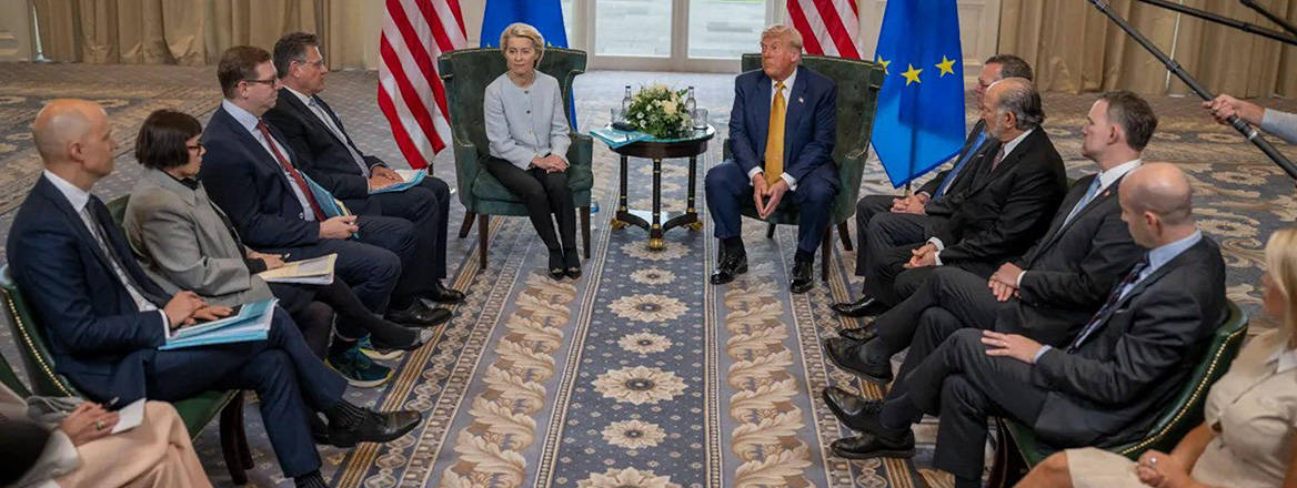 Donald Trump and Ursula von der Leyen sit for bilateral discussions during a diplomatic session in Scotland.