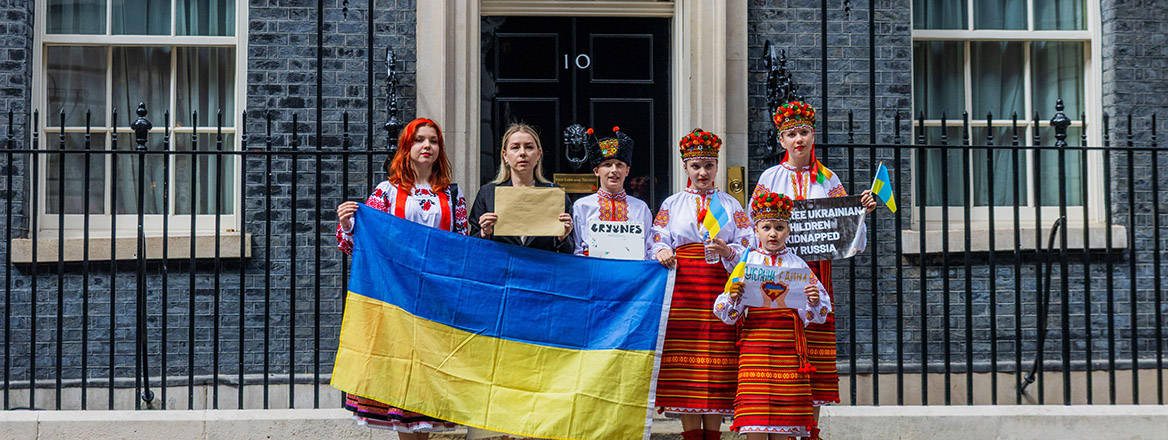 Ukrainian activists and allies on Downing Street protesting for the release of Ukrainian children taken to Russia during the invasion of eastern Ukraine.