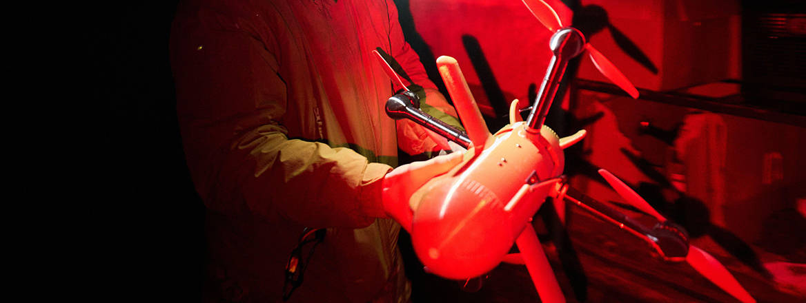 A Ukrainian soldier prepares an interceptor drone during Russia's aerial attack in an undisclosed location in Ukraine.