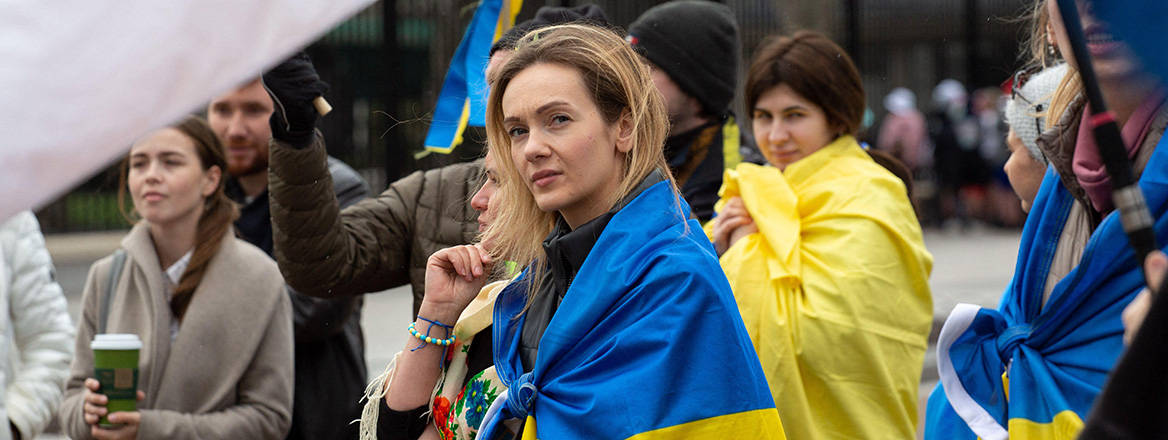 Demonstrators protest against the Russian military invasion of Ukraine and to ask for tougher sanctions and increased military aid to Ukraine.