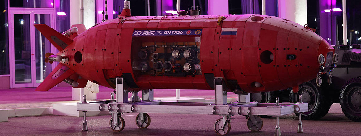 The layout of the Russian autonomous uninhabited underwater vehicle Vityaz-D, on display in Sochi, Russia.