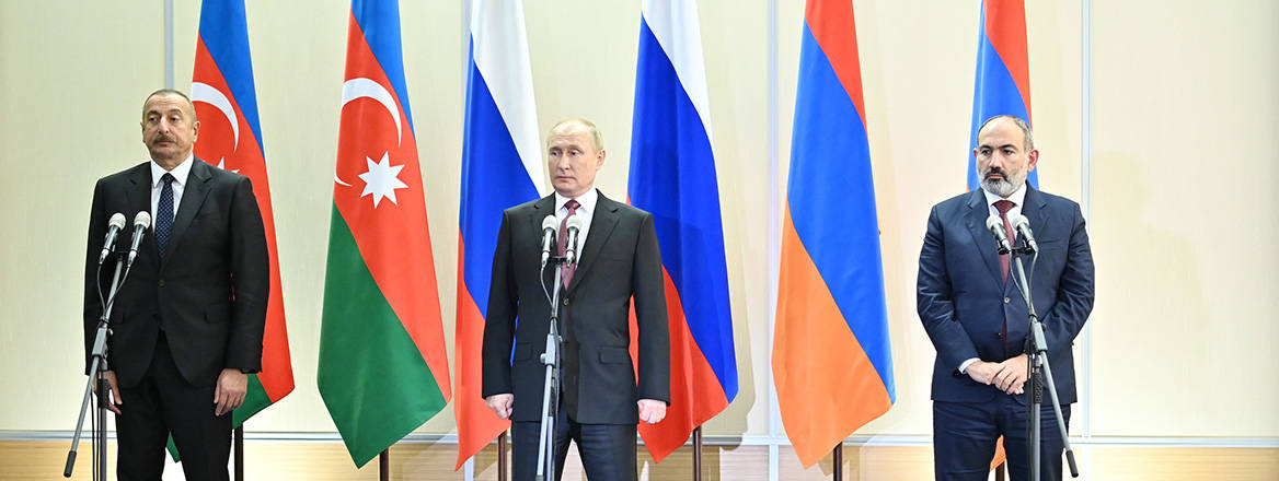 Cooling off: President of Azerbaijan Ilham Aliyev, Russian President Vladimir Putin and Armenian Prime Minister Nikol Pashinyan at a tripartite meeting in November 2021