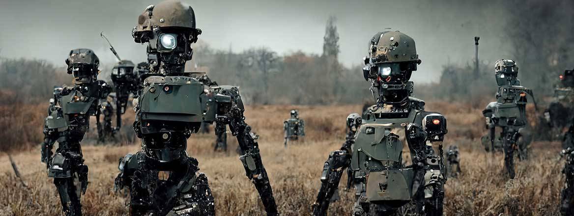 Concept image of robot soldiers standing in brown grass