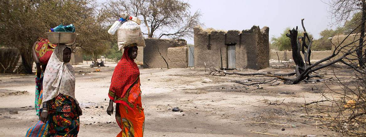 Empty shell: women walk past the ruins of houses burnt down by Boko Haram in western Chad in 2015