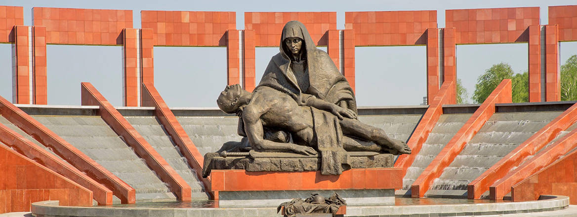 A sculpture of a mother holding her dying son in Russia's Federal Military Memorial Cemetery
