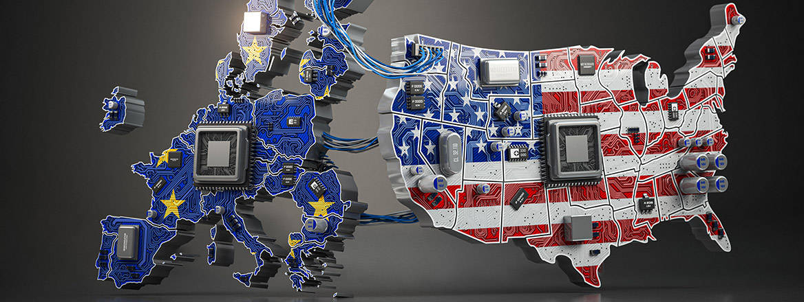 An AI generated image of Europe and America linked by technology.