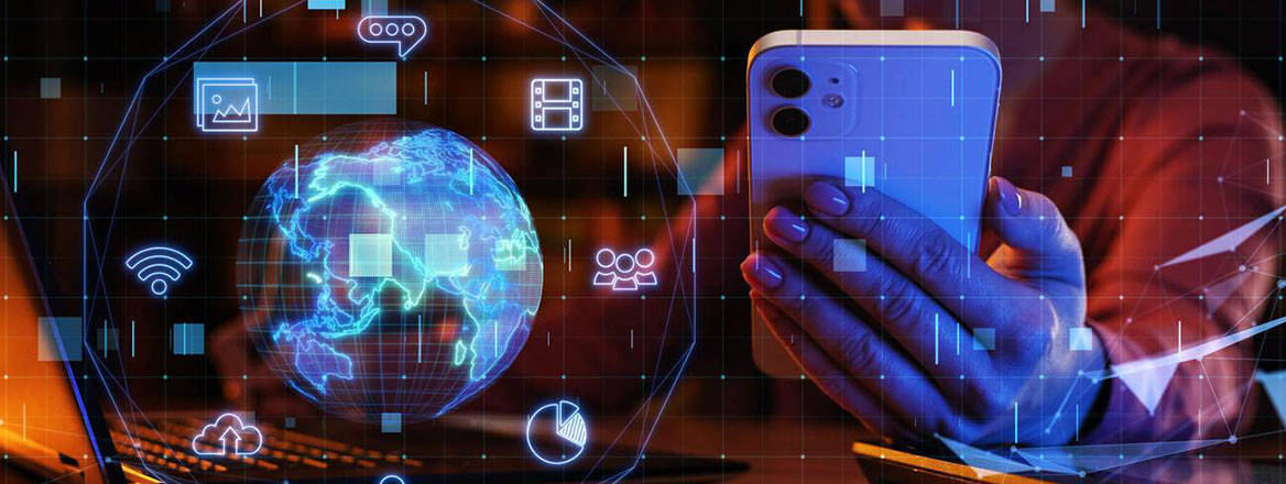 Visualization of artificial intelligence in big data, internet, icloud storage, data protection, hand holding mobile phone