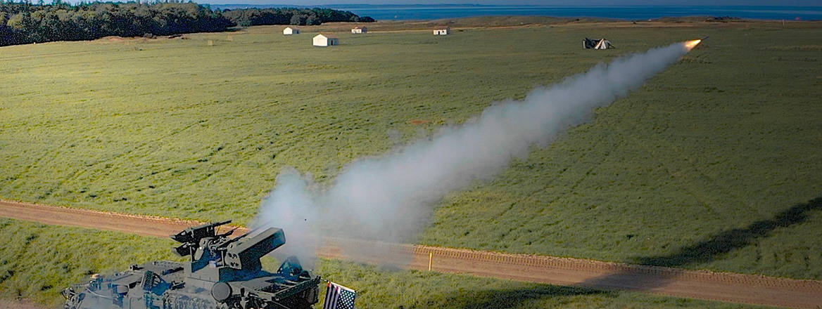 A Stinger missile launches from the Maneuver Short Range Air Defense system. 