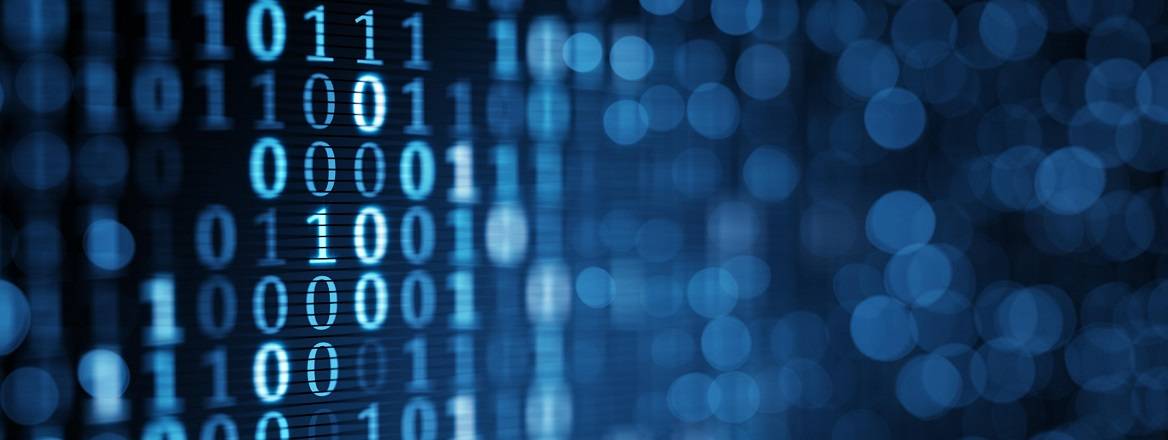 Blue digital binary data displayed on a computer screen