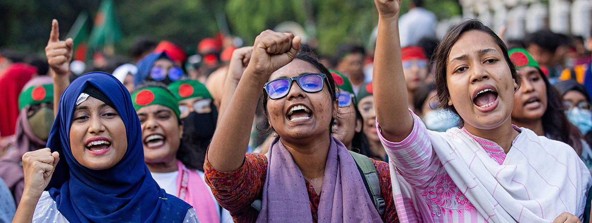 Students march during a protest against former Prime Minister Sheikh Hasina's government in Dhaka, Bangladesh