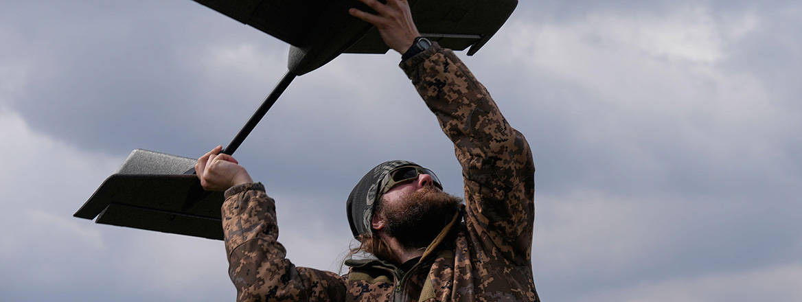 A soldier launches a training target drone in the Kyiv region, Ukraine, 19 March 2026. Courtesy of AP/Alamy