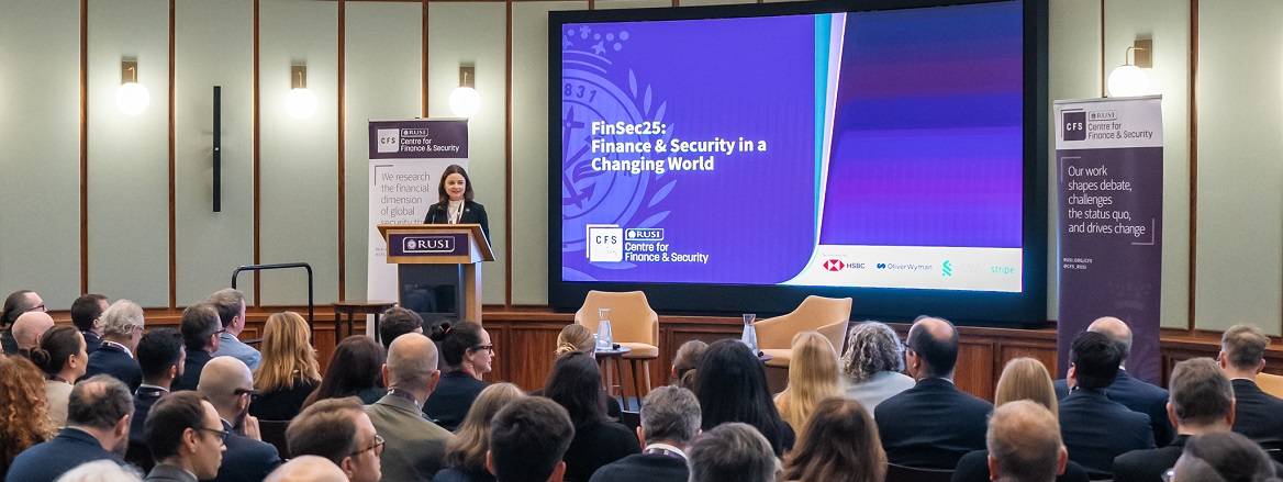 Dr Kinga Redlowska welcomes delegates to the inaugural FinSec25 conference held at RUSI 61 Whitehall
