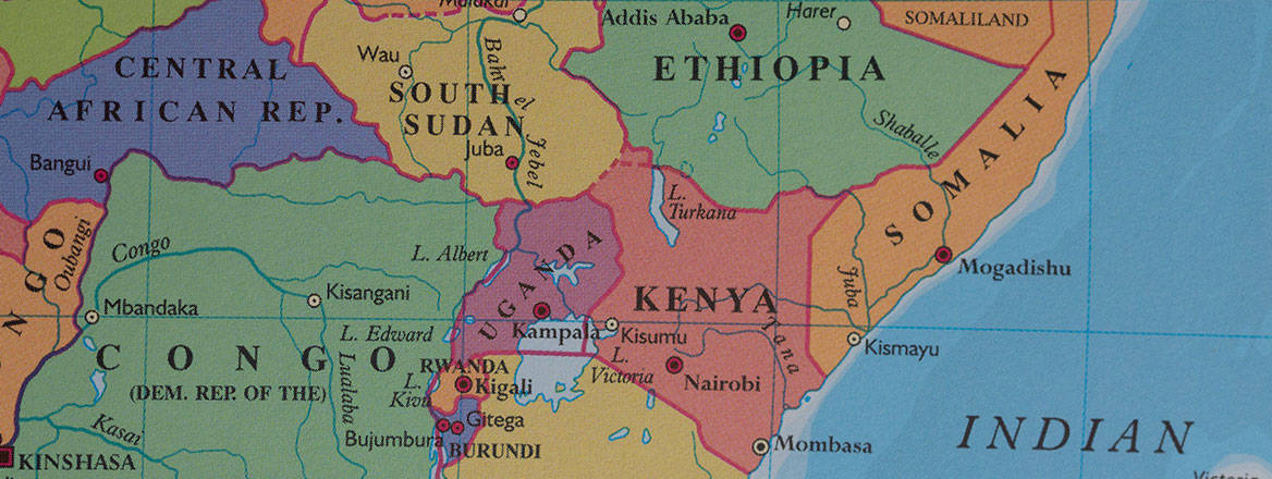 Map of East Africa featuring the countries of Somalia, Ethiopia and Kenya