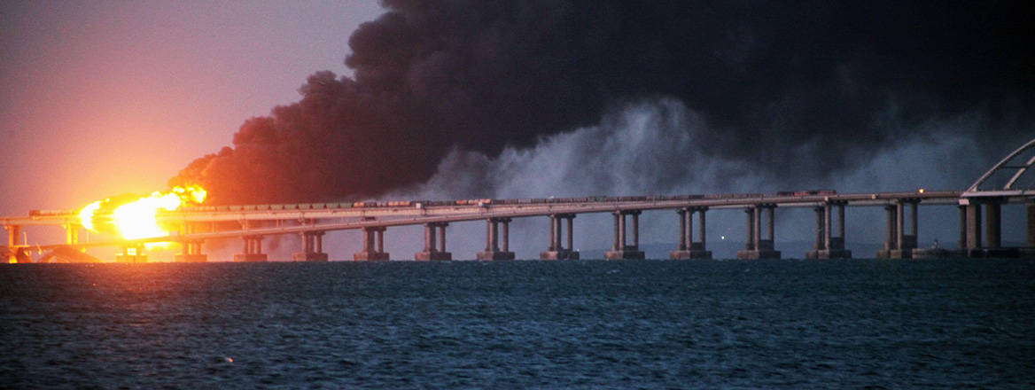 An explosion on the Crimean Bridge in October 2022. In Zaporizhzhia, Kherson and Crimea Oblasts, the guerrilla component appears to be more effective, with multiple examples of ambushes, sabotage and assassinations taking place outside of the urban areas. Courtesy of Sipa US / Alamy
