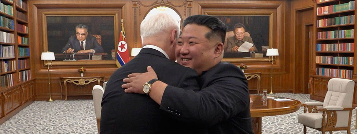 Russian Defence Minister Andrey Belousov, left, and the North Korean government leader Kim Jong Un, embrace each other during their meeting to discuss military cooperation between Moscow and Pyongyang.