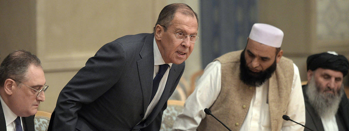 Russian Foreign Minister Sergei Lavrov and Taliban representatives at a meeting in Moscow in November 2018