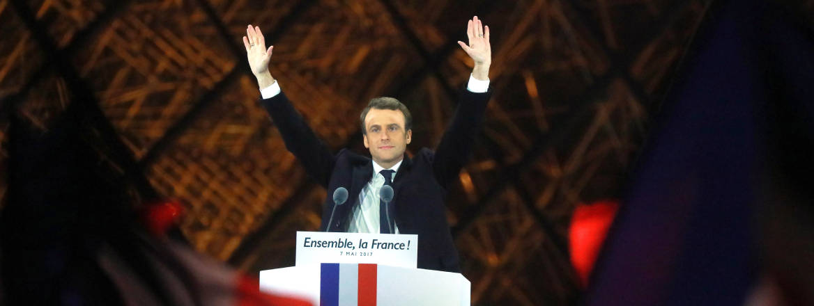 Emmanuel Macron delivers his victory speech in front of the Louvre Pyramid in Paris