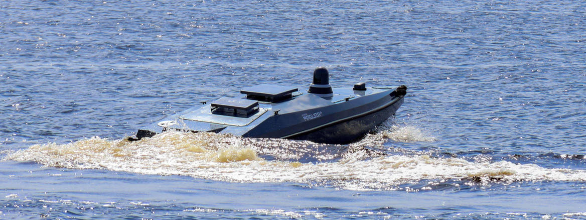 A Magura V5, a Ukrainian multi-purpose unmanned surface vehicle (USV) in the water