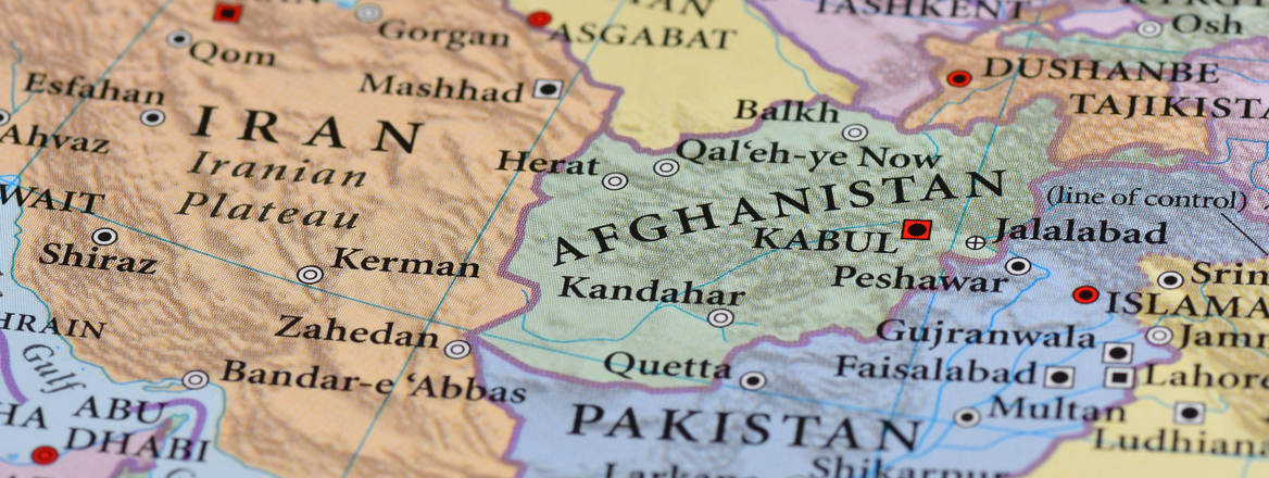 Atlas style map showing Afghanistan and its surrounding countries, in particular Pakistan and Iran