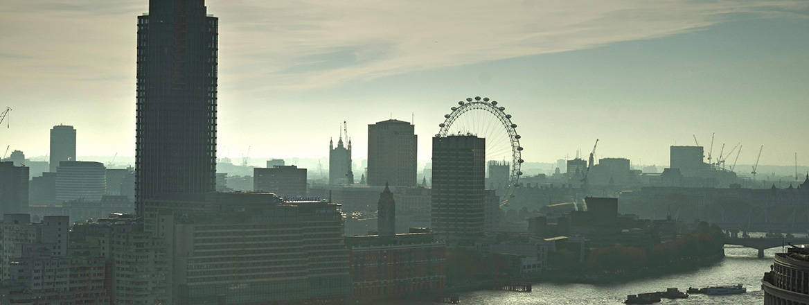 Misty London riverside skyline
