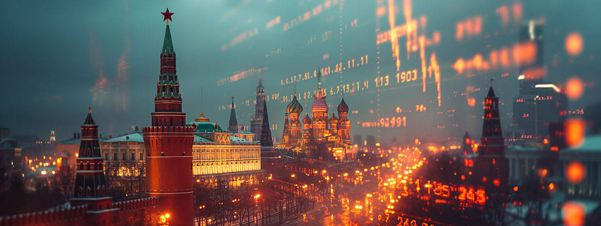 Moscow Skyline with Kremlin overlaid with stock market data