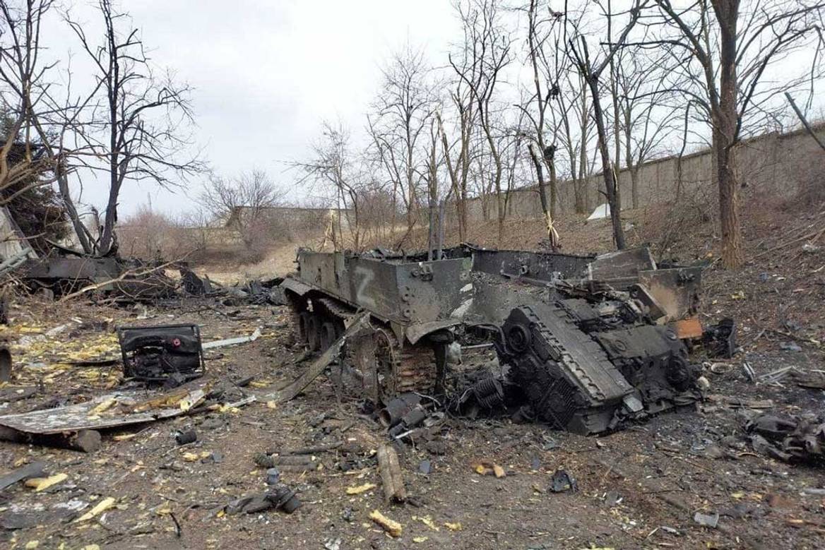 Destroyed Russian tanks by Ukrainian troops in Mariupol, 2022. Russian tactics have largely abandoned large mechanised advances in favour of small infantry groups supported by artillery, corrected glide bombs and vehicles. Courtesy of Mvs.gov.ua/Wikimedia Commons