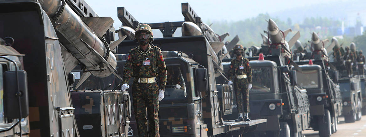 Show of strength: forces loyal to Myanmar's military junta take part in a parade in Naypyitaw in March 2022