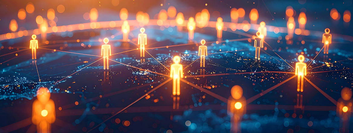 Digital network of human icons connected by glowing lines, representing communication, teamwork, and data exchange.