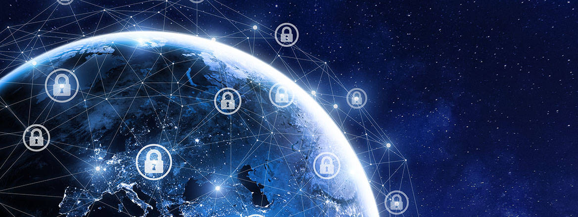 Globe criss-crossed by lit-up networks with padlocks on nodes