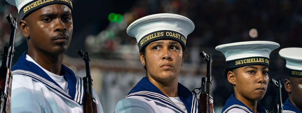 A splendid showcase: Seychelles Coast Guard marching in a parade held during the National Day celebrations commemorating the 50th anniversary of Seychelles' Independence, 28 June 2026. Image: Xinhua/Alamy