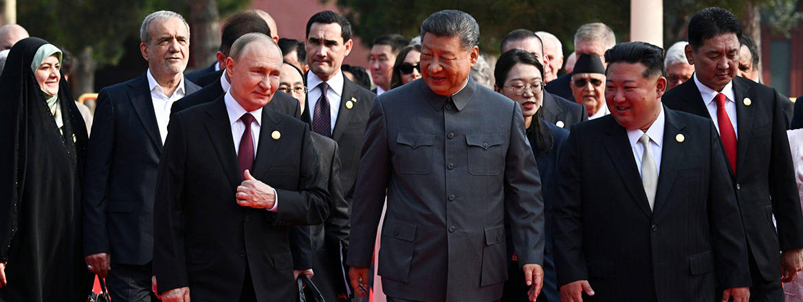 Vladimir Putin, Xi Jinping and Kim Jong Un at the military parade to mark the 80th anniversary of Japan’s Second World War surrender, in Beijing, China, 3 September 2025. Courtesy of Associated Press/Alamy.