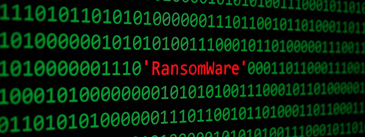 The word 'ransomware' appearing amid rows of binary code