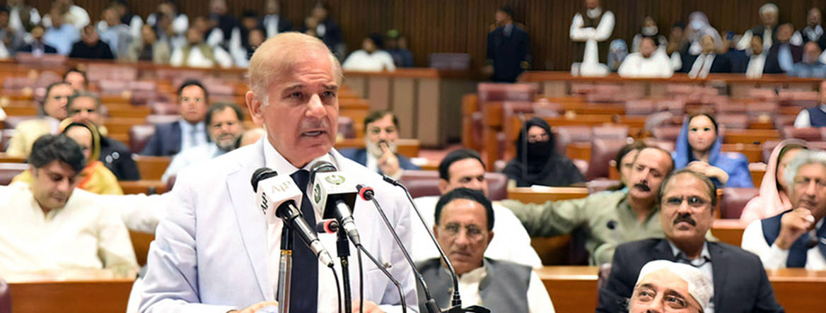 Forward strides: Pakistan’s Prime Minister Shehbaz Sharif addresses the National Assembly in Islamabad