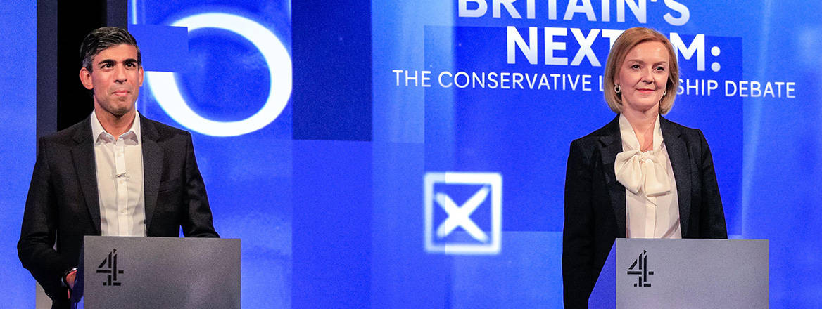 Battling it out: Rishi Sunak and Liz Truss take part in a televised debate during the leadership contest