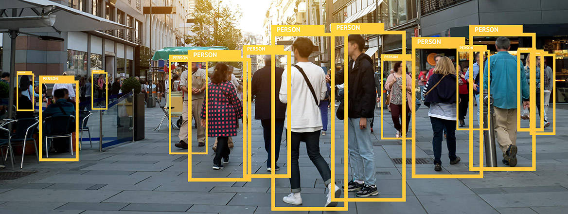 Concept image of machine learning analytics used to identify persons.