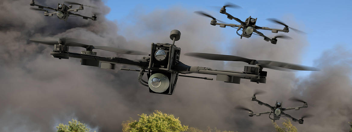 swarm of combat drones during military exercise