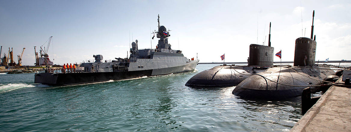 Pit stop: the Russian vessel Veliky Ustyug sets sail from the naval base at Tartus, Syria, in 2019