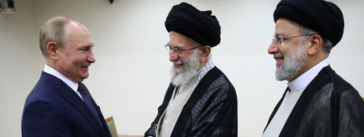 All smiles: Russian President Vladimir Putin with Iranian Supreme Leader Ayatollah Ali Khamenei and President Ebrahim Raisi in Tehran on 19 July 2022