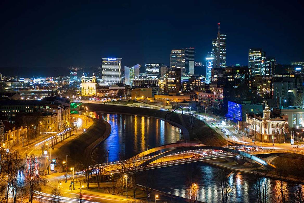 A night view of the skyline of Vilnius.