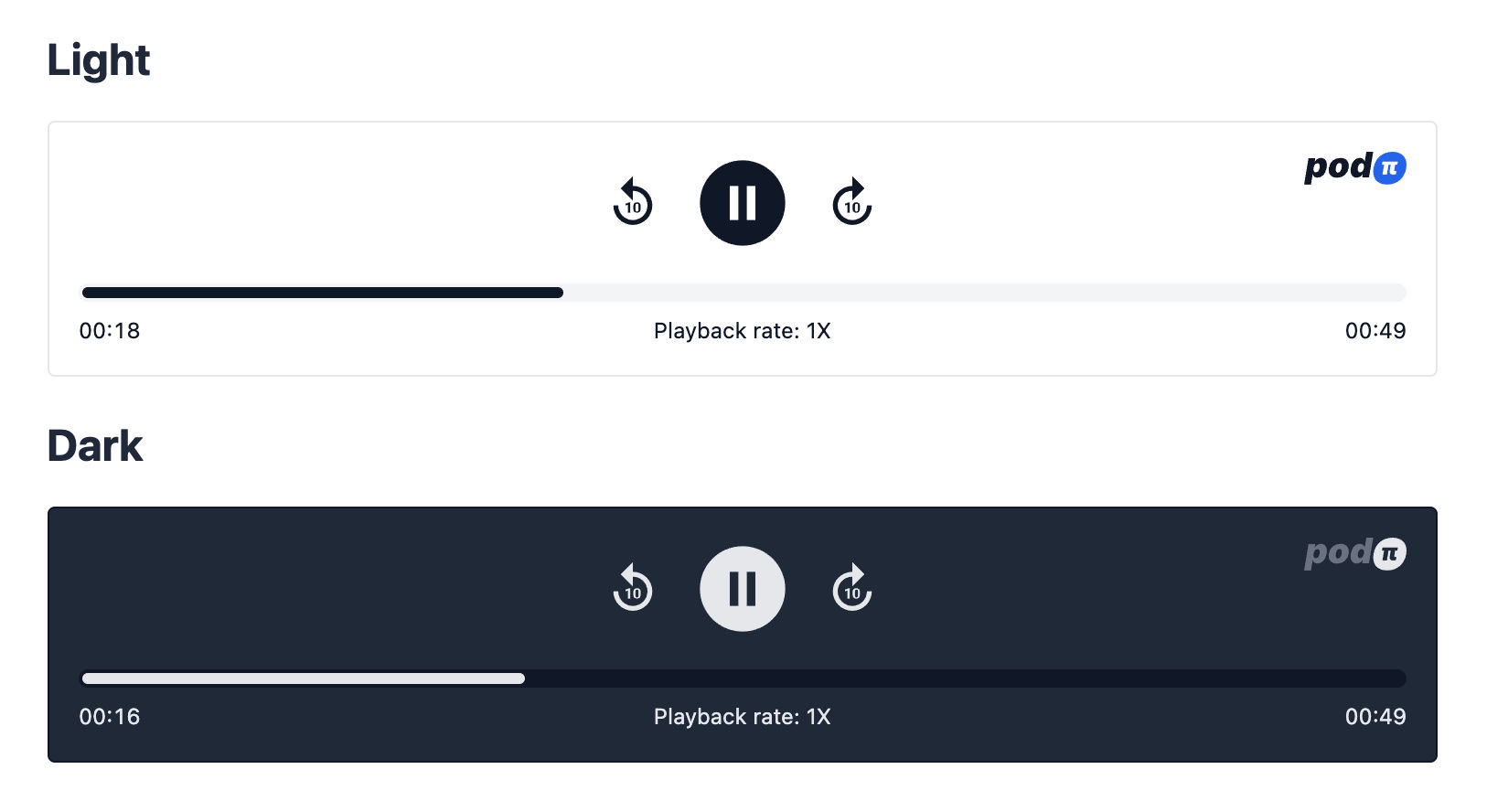Light and Dark-themed versions of the Podopi Player Widget.