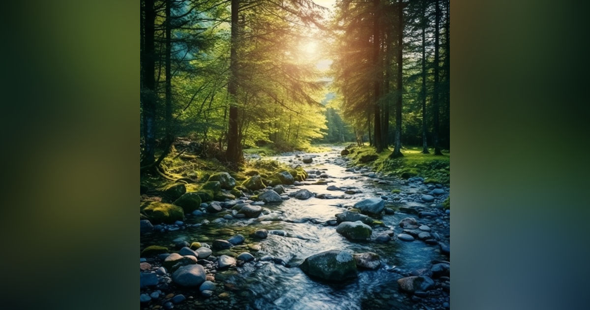 Forest River flowing in Early Morning . Relaxing River Sounds, White Noise for Sleep, Meditation.