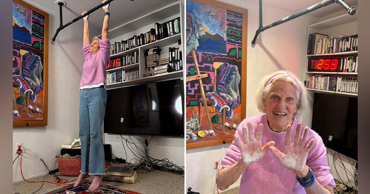 image for Determined 90-year-old grandma breaks record for oldest woman to hold a dead hang