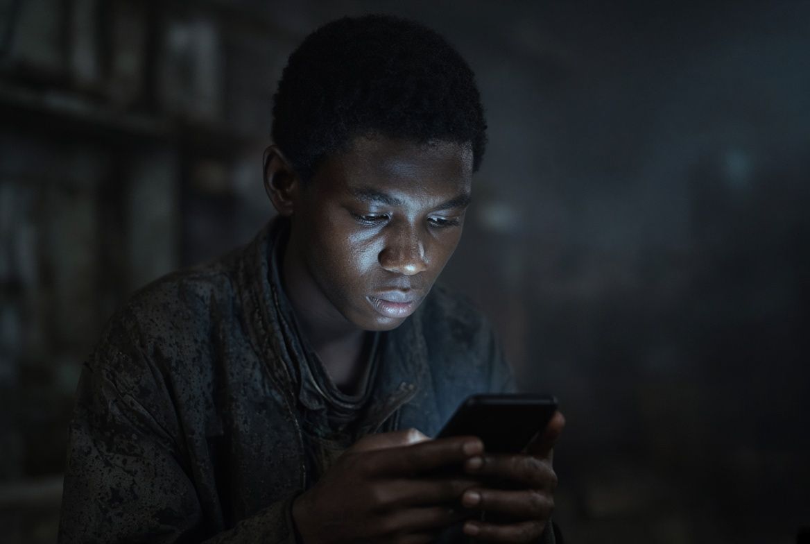 Jovem moçambicano a olhar ecrã de telemóvel com conteúdos motivacionais nas redes sociais