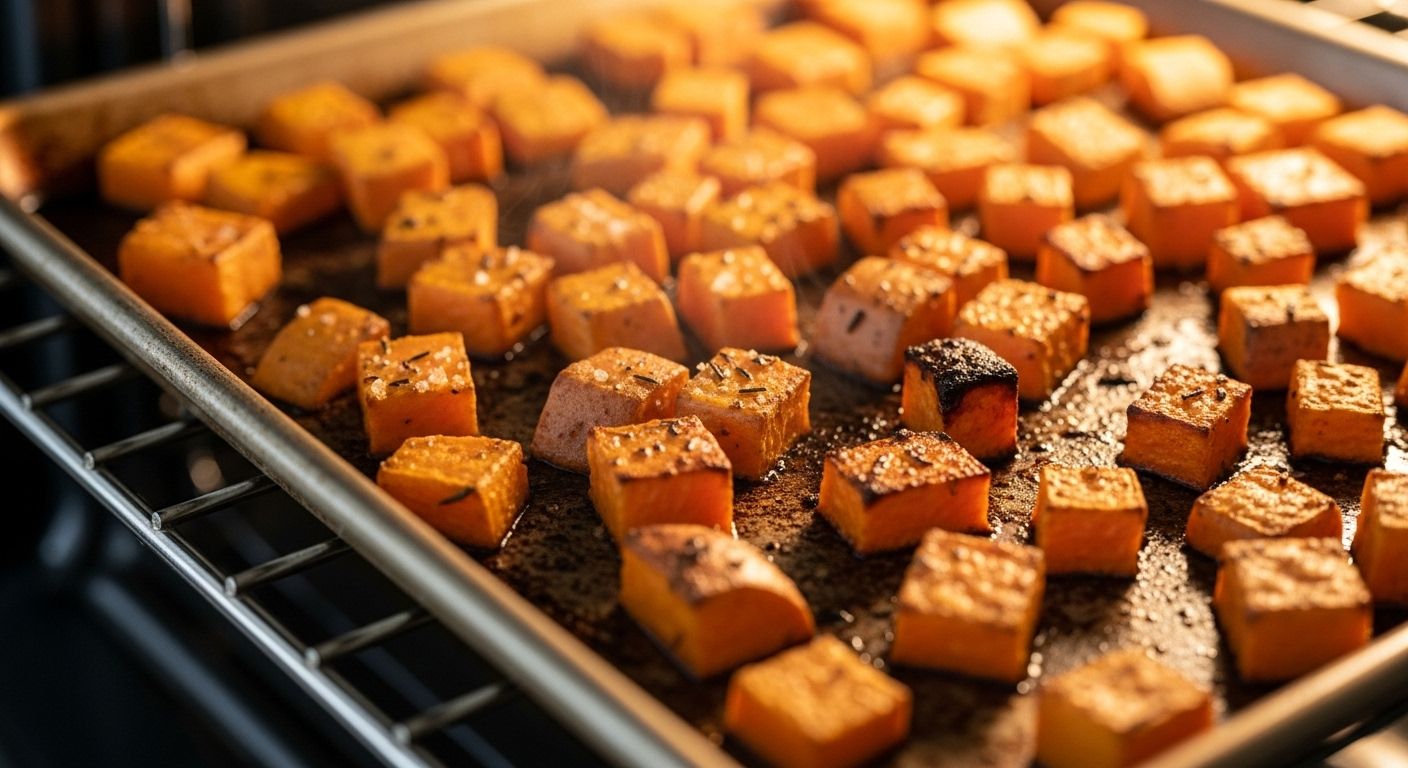 cubed sweet potatoes in oven
