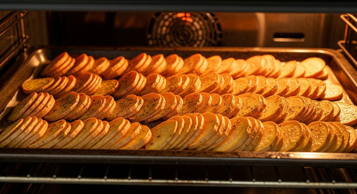 sliced sweet potatoes in oven