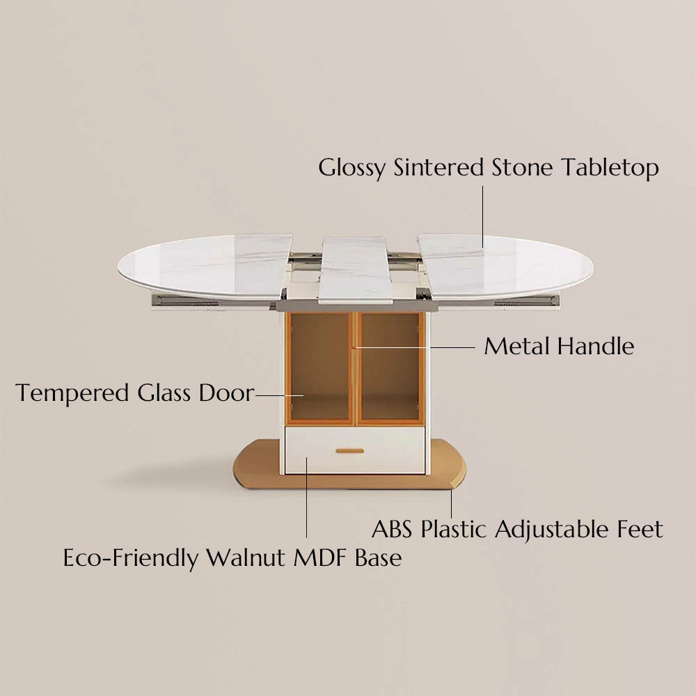 Extendable White & Gold Glossy Sintered Stone Dining Tables