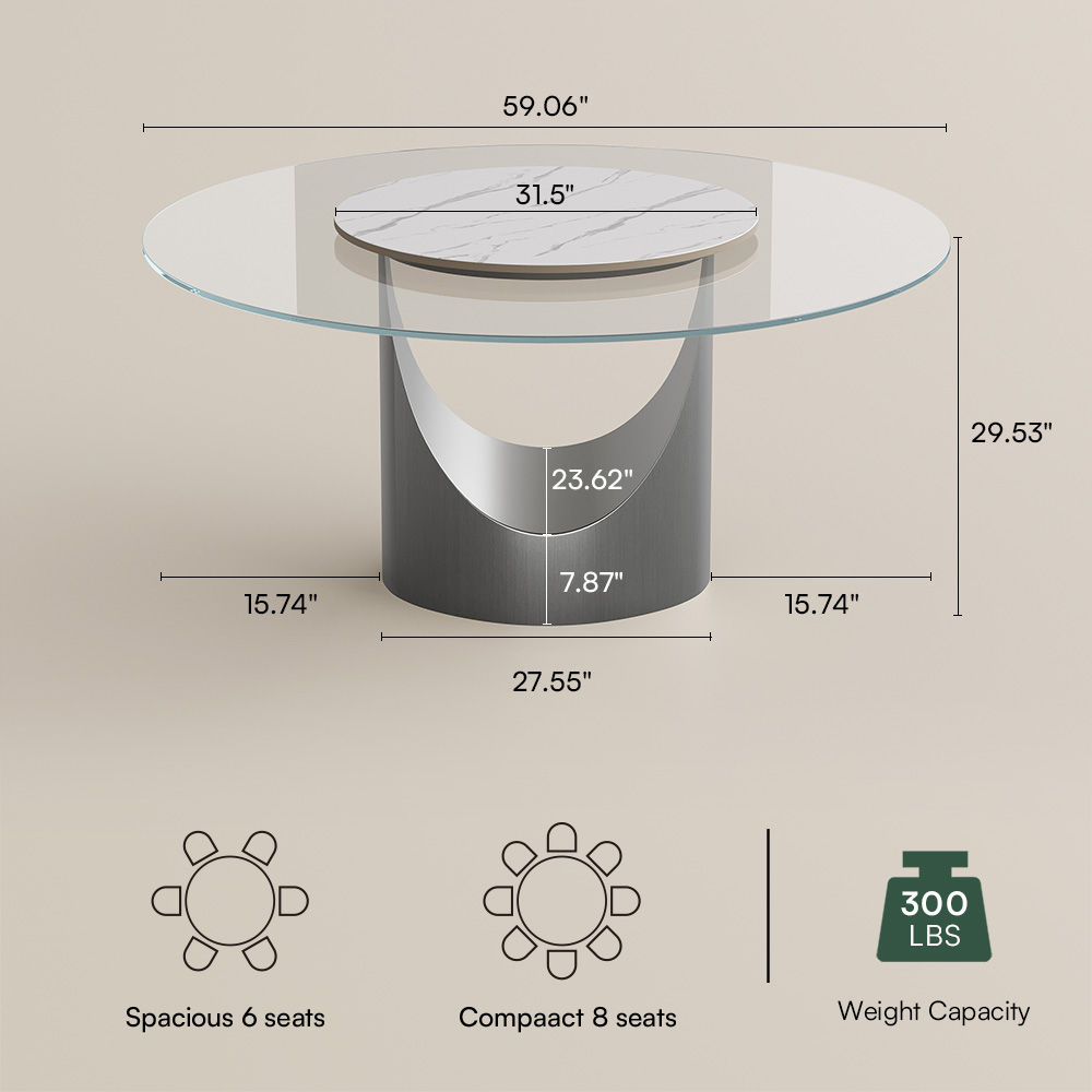 Round Clear & Gray Tempered Glass Dining Tables