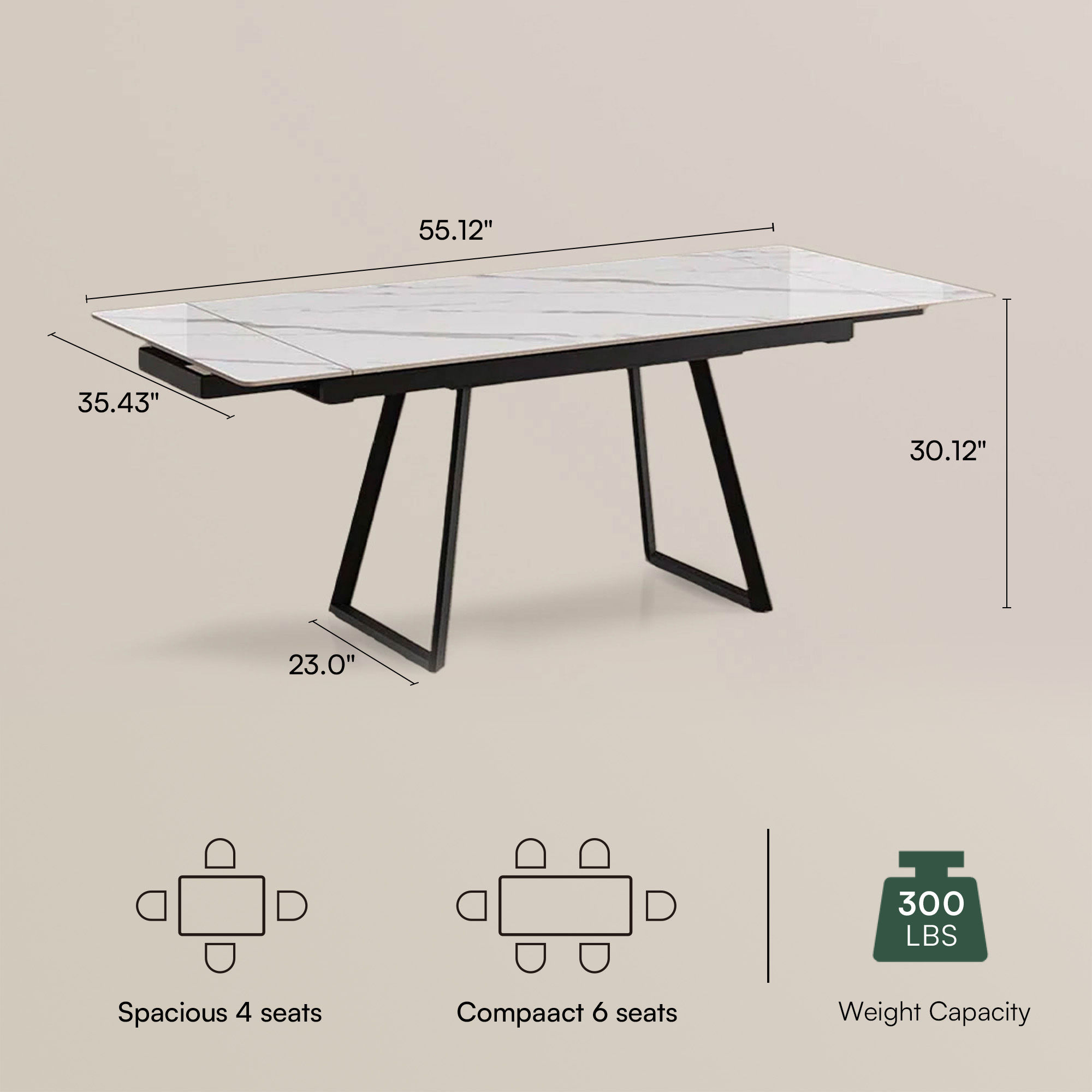 Rectangular White Glossy Sintered Stone Extendable Dining Tables