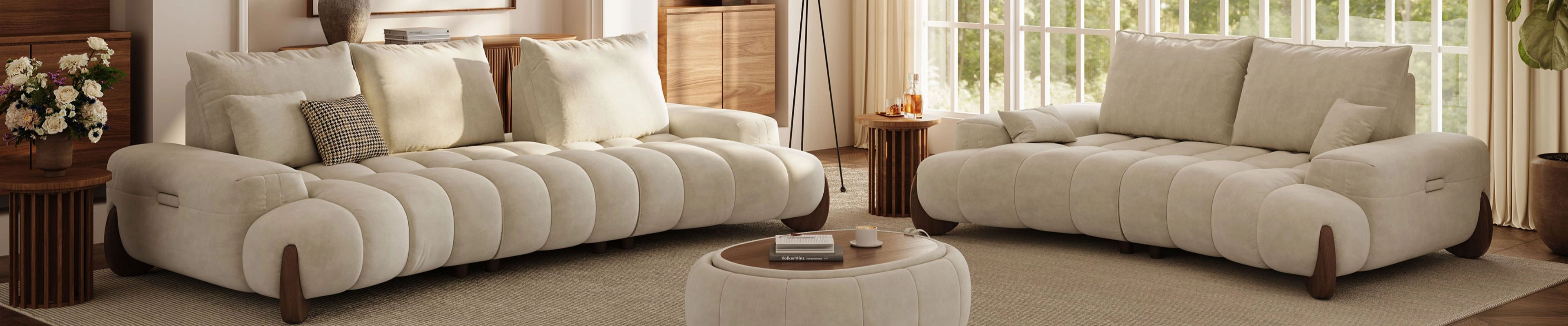Povison's pet-friendly fabric mid century modern sofa with storage ottoman